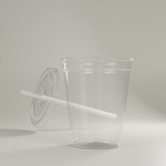 realistic 3d empty clear plastic cup with a straw set 
