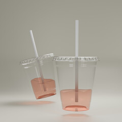 realistic 3d empty clear plastic cup with a straw set 