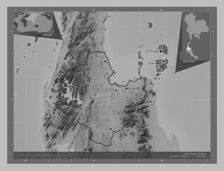 Surat Thani, Thailand. Grayscale. Labelled points of cities