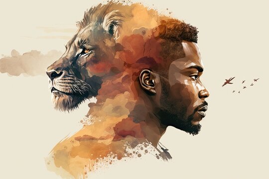 Double exposure of a young african man morphing into wild animal, lion, water color style, AI generative