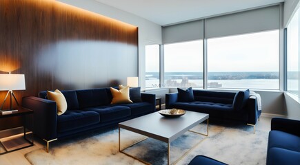 Living room interior with velvet dark blue sofa and coffee table. Lake view from window. Generative AI