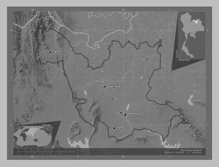 Udon Thani, Thailand. Grayscale. Labelled points of cities