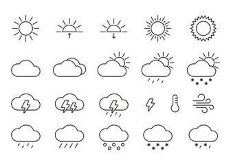 Fototapeta premium Weather sun and cloud, line icon set. Environment sunshine, thunder, storm, wind, snow cloud. Vector simple sign