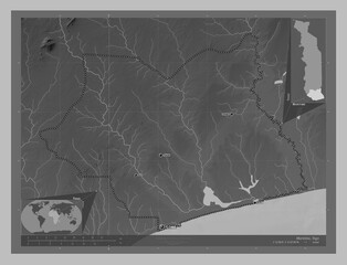 Maritime, Togo. Grayscale. Labelled points of cities