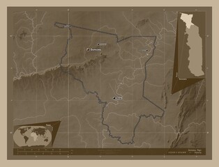 Savanes, Togo. Sepia. Labelled points of cities