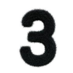 black number 3 Fur 3D element render, Typography fluffy style