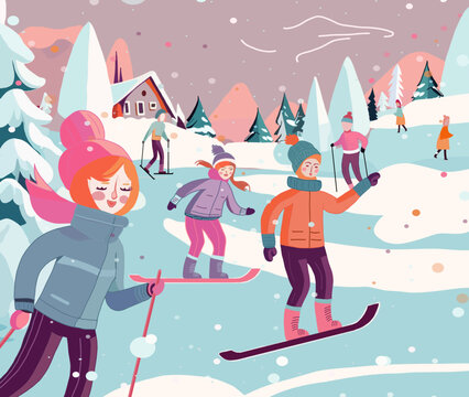 Cartoon Happy People skiing, sledding, skating, snowboarding. Winter activities. Perfect content for wallpaper, postcards, posters, napkins, greeting cards, postage stamps and other creative projects.