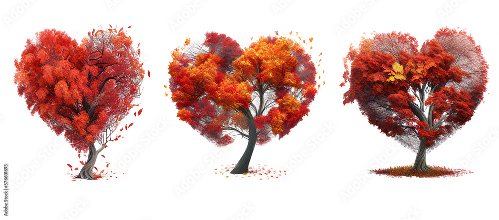 Poster set of autumn tree with red and orange foliage in heart shaped, isolated on white background, image 