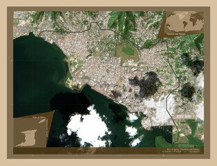 Port of Spain, Trinidad and Tobago. Low-res satellite. Labelled points of cities