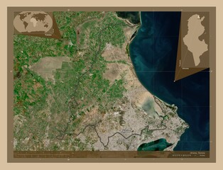 Ariana, Tunisia. Low-res satellite. Labelled points of cities