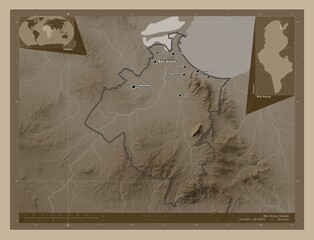 Ben Arous, Tunisia. Sepia. Labelled points of cities