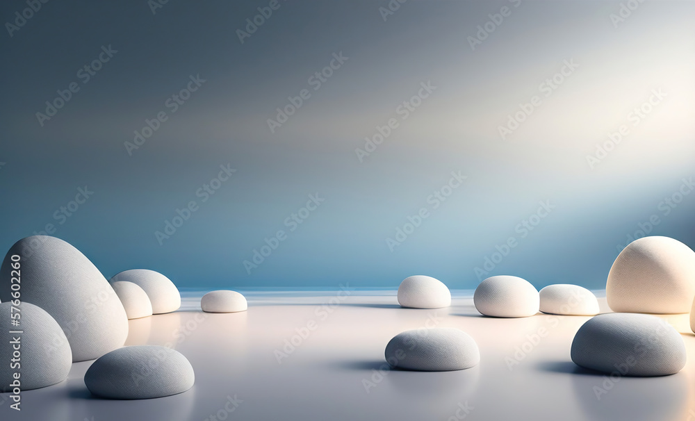 Poster a beautiful blue background for presentations with a podium and masonry round stones in a soothing c