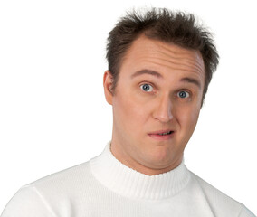 Obraz premium Portrait of young businessman in white sweater with hairstyle isolated on white background