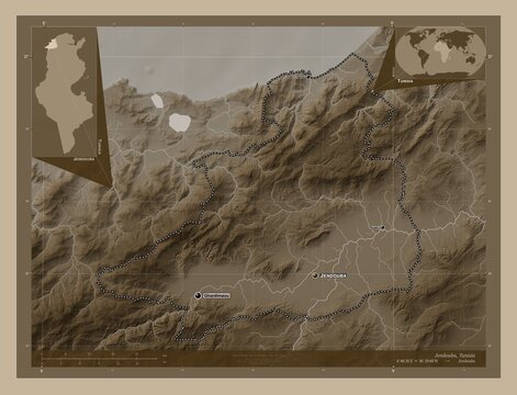 Jendouba, Tunisia. Sepia. Labelled points of cities