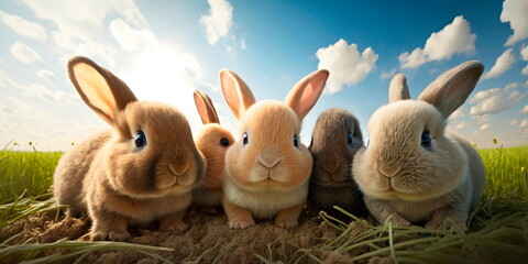 Bunny group of adorable baby animals playing Generative AI