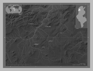 Le Kef, Tunisia. Grayscale. Labelled points of cities