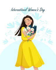 Young woman is holding a beautiful bouquet of flowers. International Women s Day. Vector illustration.