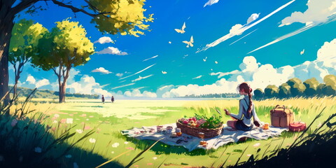 Naklejka na ściany i meble Person enjoying a picnic in a scenic spring meadow Generative AI
