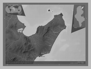 Nabeul, Tunisia. Grayscale. Labelled points of cities