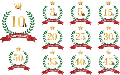 周年イラスト　月桂樹と王冠とリボンのマーク　アイコンセット