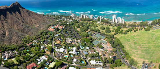 Helicopter overview of Diamond Head in Honolulu, Hawaii