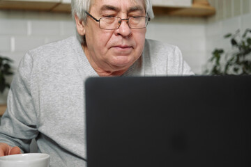 Senior male business owner in glasses sitting at desk in front of laptop. Successful older male...