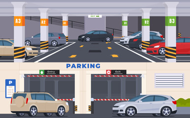 Underground parking for parking vehicles in the city. Compact car parking in supermarkets, high-rise buildings. Vector illustration - obrazy, fototapety, plakaty