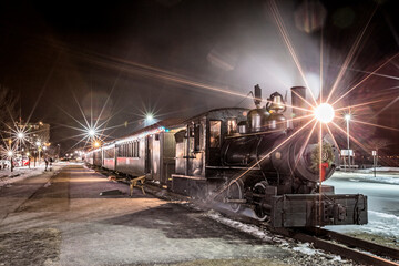 Polar Express holiday train standing at station in Portland for Christmas season, USA