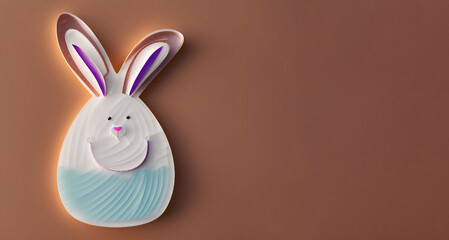 Obraz premium Happy Easter! A cute Easter bunny in the shape of an Easter egg cut out of paper / Craft / Papercut style / Brown paper neutral background / Space for text / Simple and stylish / Wallpaper Banner