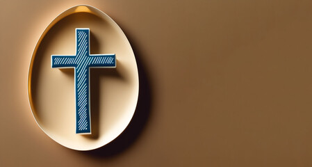 Fototapeta premium Happy Easter! An Easter egg with a cross in the middle cut out of paper / Papercut style / Neutral blue background / Space for text / Simple and stylish / Wallpaper Banner