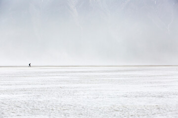 Lone hiker walking through dust storm, Kluane National Park, Yukon, Canada