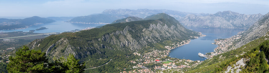 Aerial panoramic view of the Bay of Kotor, Montenegro from the observation platform of Mount Lovcen. A panoramic view covering the entire fjord.