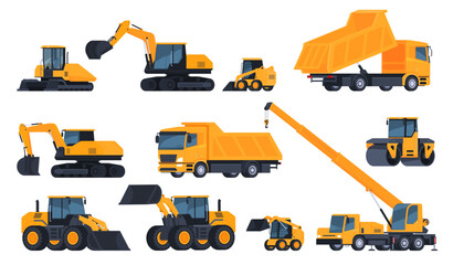 Equipment for road repair. Construction, repair and maintenance of highways. Work with heavy equipment. Vector illustration