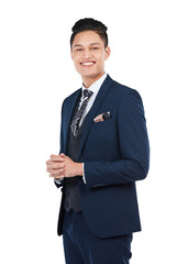 A handsome young insurance agent or a broker in a business attire or formal wear ready to prep feeds isolated on a png background.