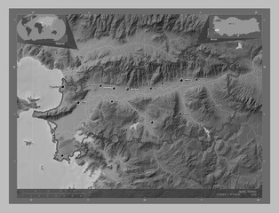 Aydin, Turkiye. Grayscale. Labelled points of cities
