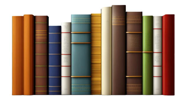 Books standing in a row isolated on transparent background. PNG