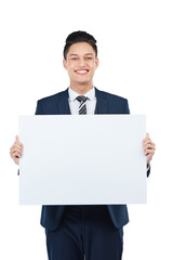 A happy businessman or corporate worker holding a blank poster, banner blank billboard for marketing and advertising promotion isolated on a png background.