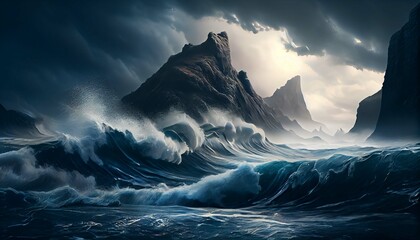 Big storm at sea. Waves crash against the rock. Fantastic sea view. Generative AI.