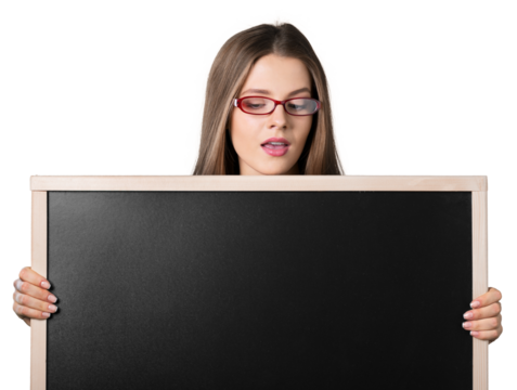Portrait of beautiful young girl in glasses holding empty frame on a white background - Powered by Adobe