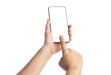 Obraz na płótnie Canvas Hand holding smartphone and touch with blank screen,mockup with copy space for advertising online