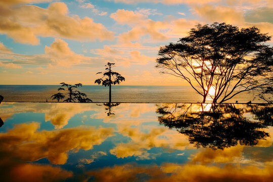 Clouds reflecting in shiny pond at sunset, Dominical, Costa Rica