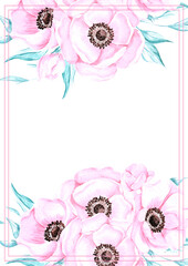 Hand drawn watercolor pink anemone flower card. Isolated on white background. Scrapbook, post card, banner, lable.