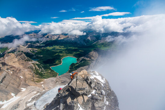 Climbers reaching summit of&Acirc;&nbsp;Mount Assiniboine, British Columbia, Canada