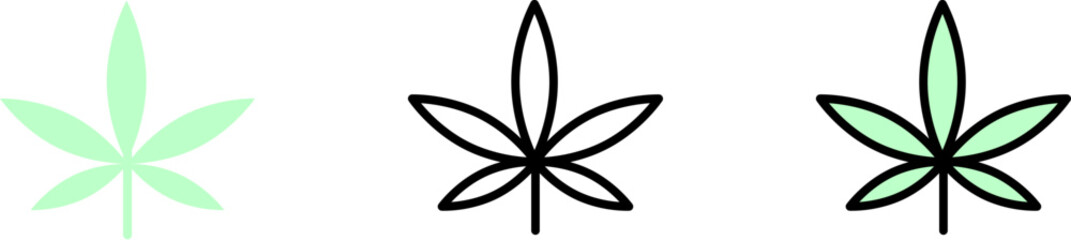 Marijuana, plant vector icon in different styles. Line, color, filled outline