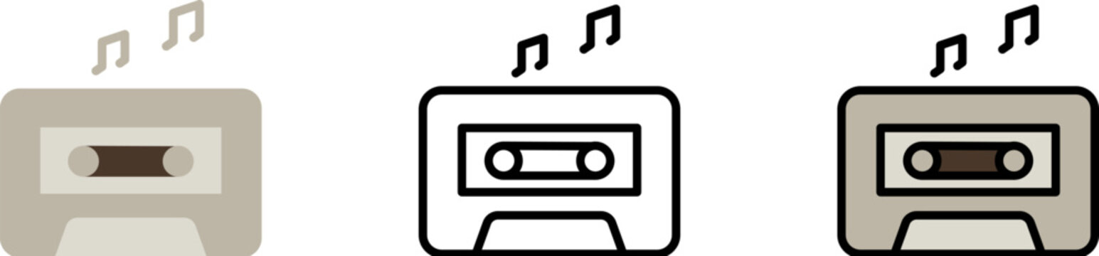 Cassette, music vector icon in different styles. Line, color, filled outline