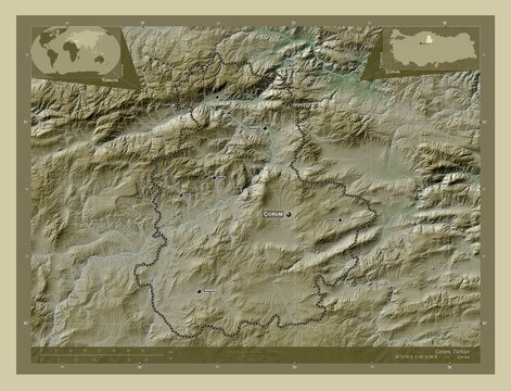 Corum, Turkiye. Labelled points of cities