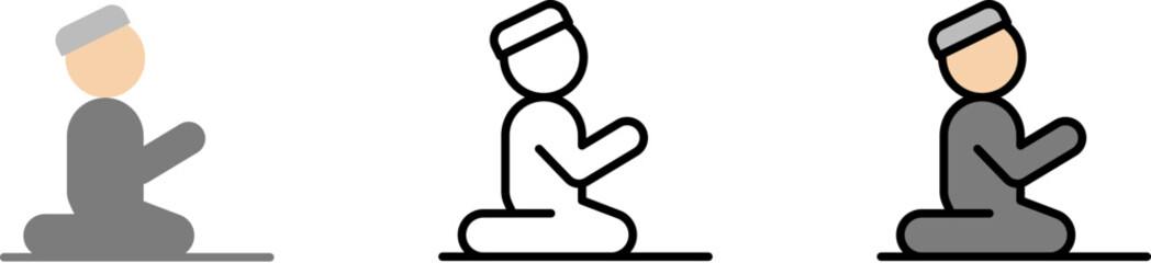 Muslim man praying vector icon in different styles. Line, color, filled outline
