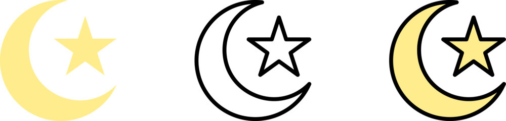 Moon star Ramadan vector icon in different styles. Line, color, filled outline