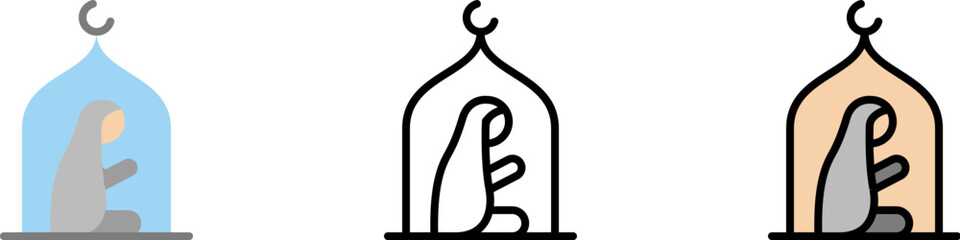 Muslim woman praying mosque vector icon in different styles. Line, color, filled outline