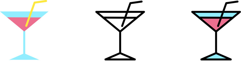 Cocktail, drink vector icon in different styles. Line, color, filled outline